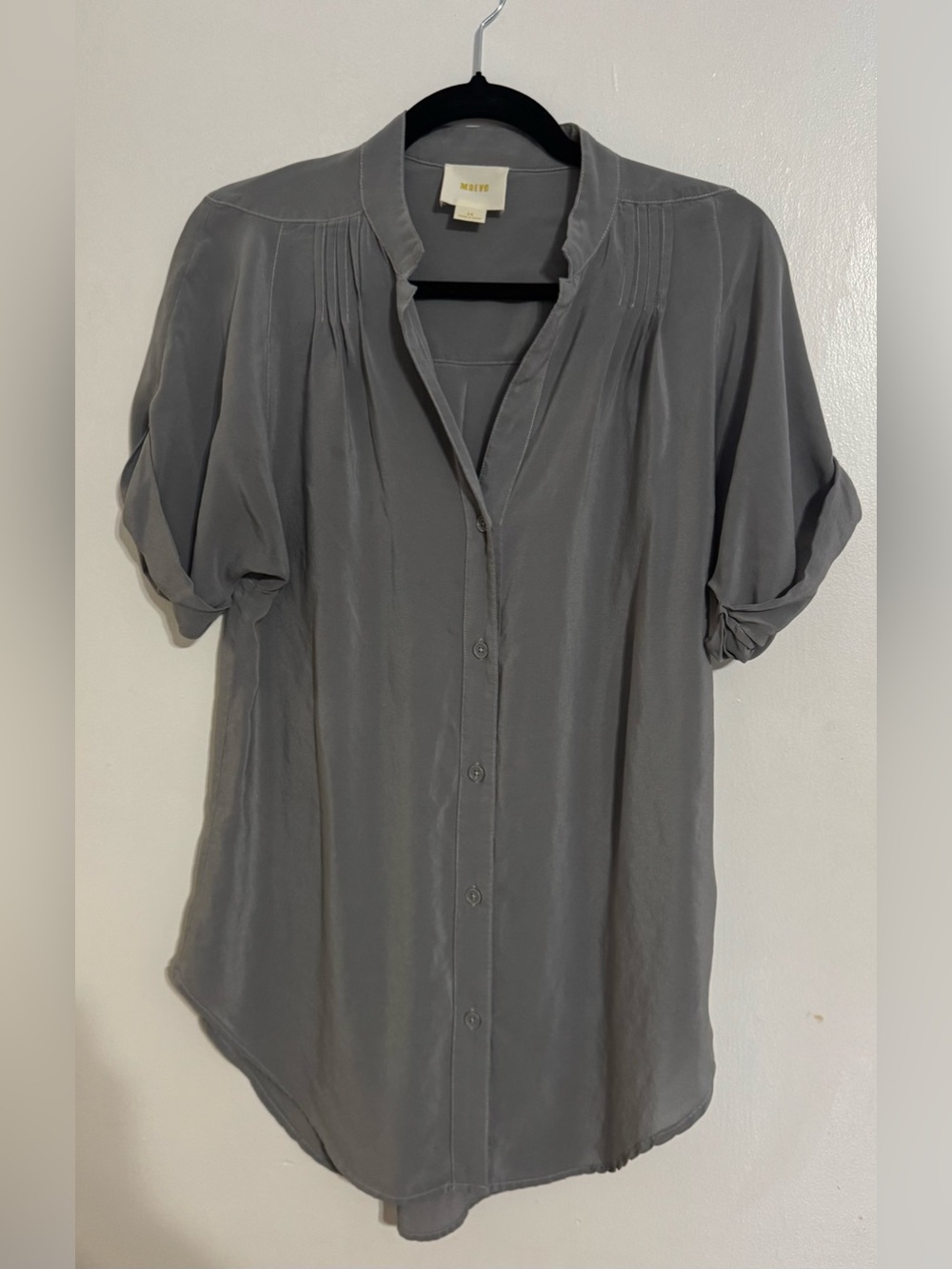 Maeve Grey Silk Short-Sleeve Button-Front Blouse